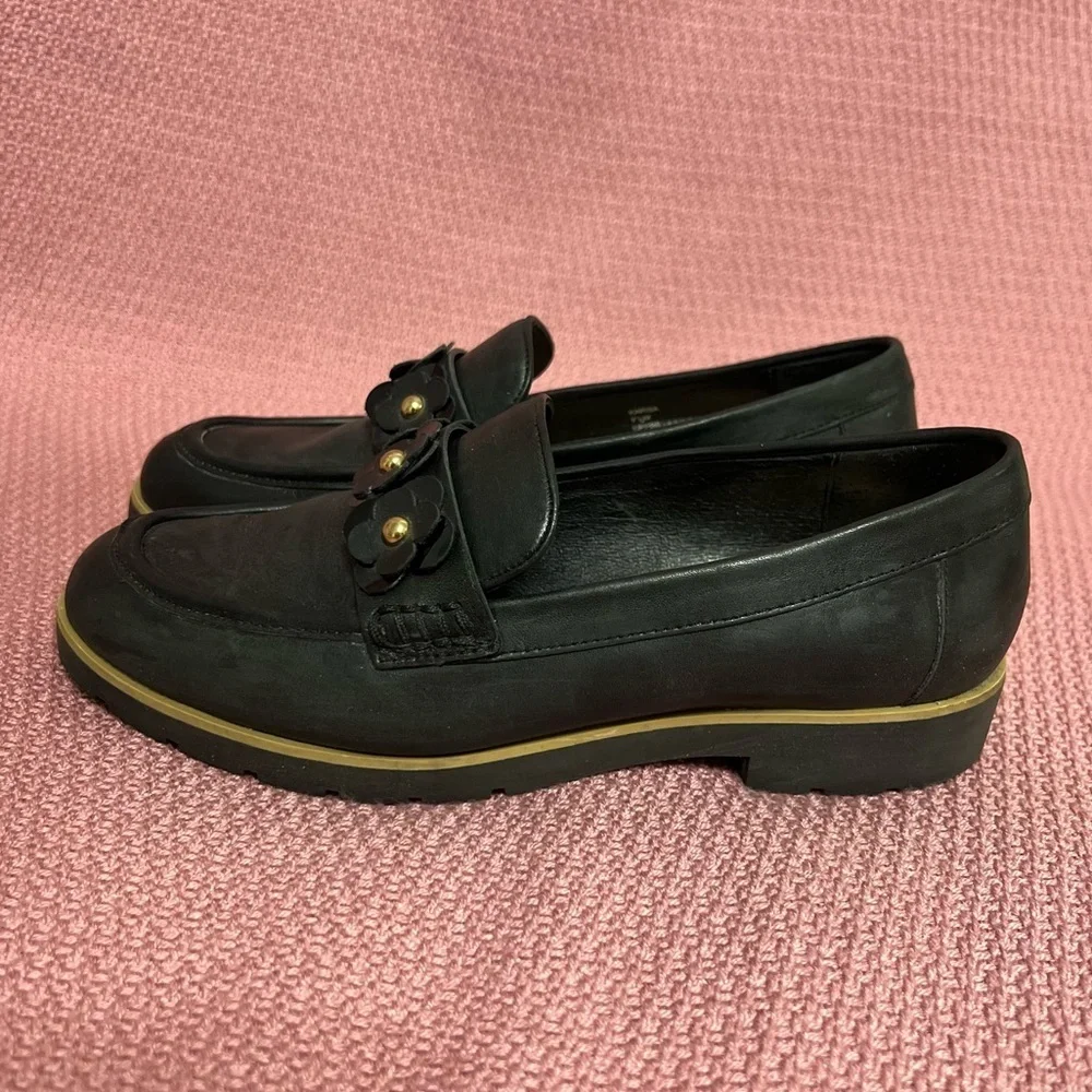 Kate Spade Karisa Black Leather Loafers, black floral/gold accent 7 1/2